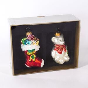 2 Holiday Christmas Tree Ornament X-Mas White Polar Bear Stocking Gifts Presents